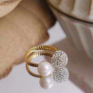 Gold Pearl Disco Ball Adjustable Statement Ring